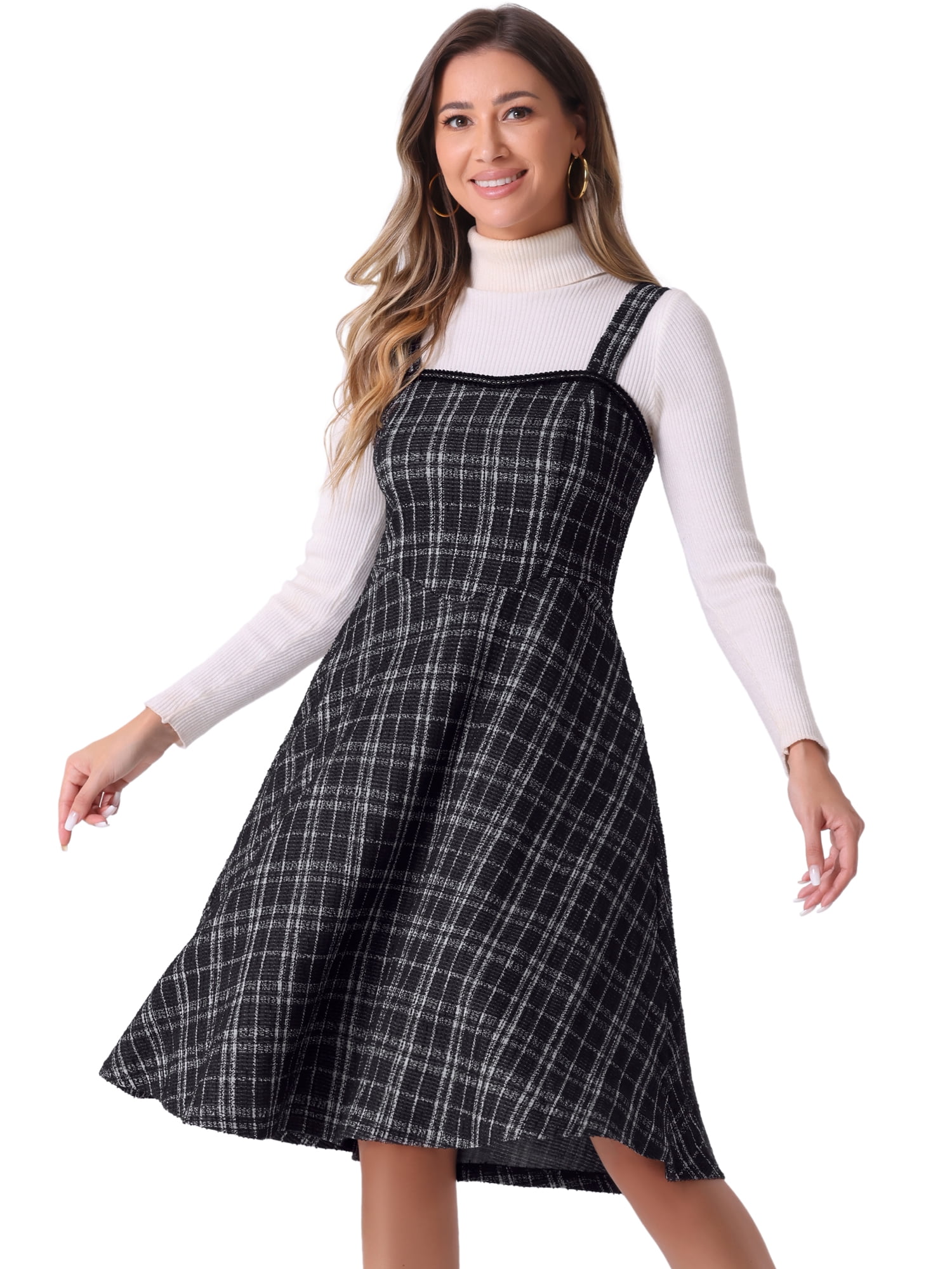 DARING DIVA Women's Sleeveless Square Neck Plaid A Line Pinafore Dresses XL Black