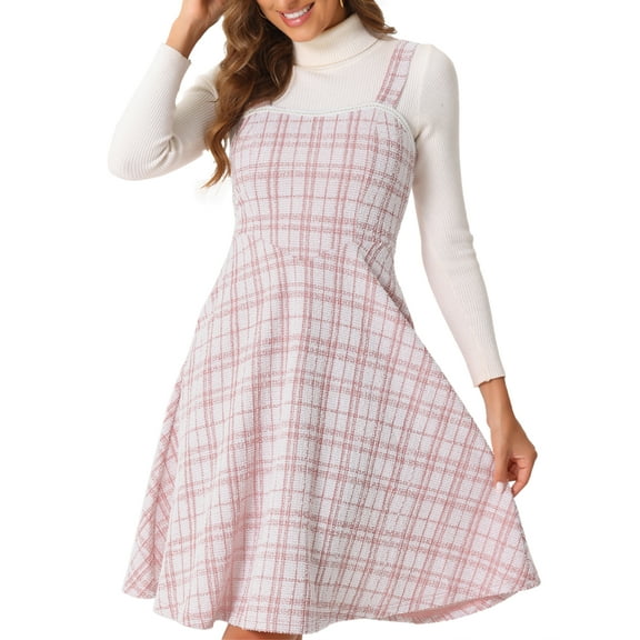 DARING DIVA Women's Sleeveless Square Neck Plaid A Line Pinafore Dresses XS Pink