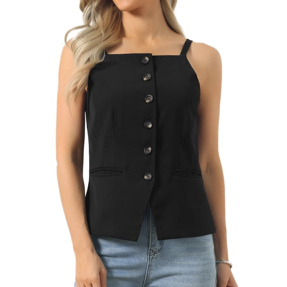 DARING DIVA Women's Sleeveless Suit Button Down Square Neck Vest M Black