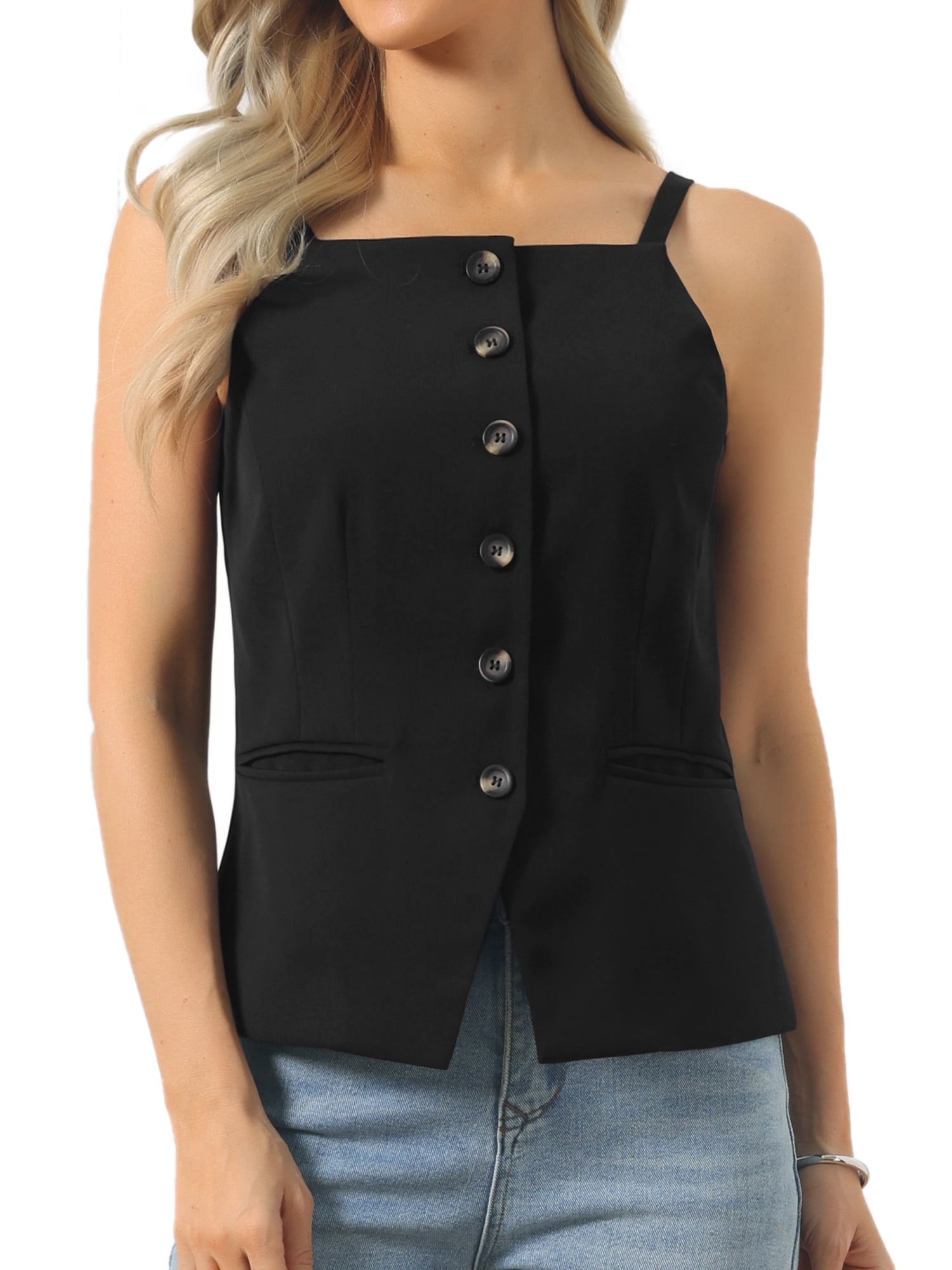 DARING DIVA Women's Sleeveless Suit Button Down Square Neck Vest XS Black