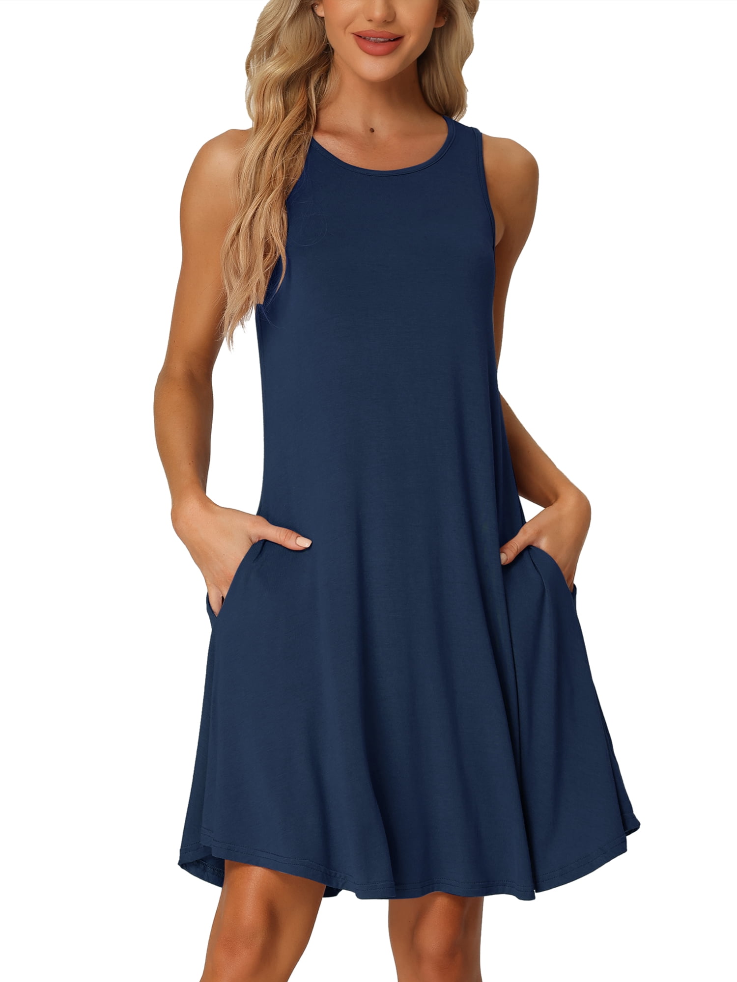 DARING DIVA Women's Sleeveless Tank Dress Basic Nightgown with Pockets L Blue