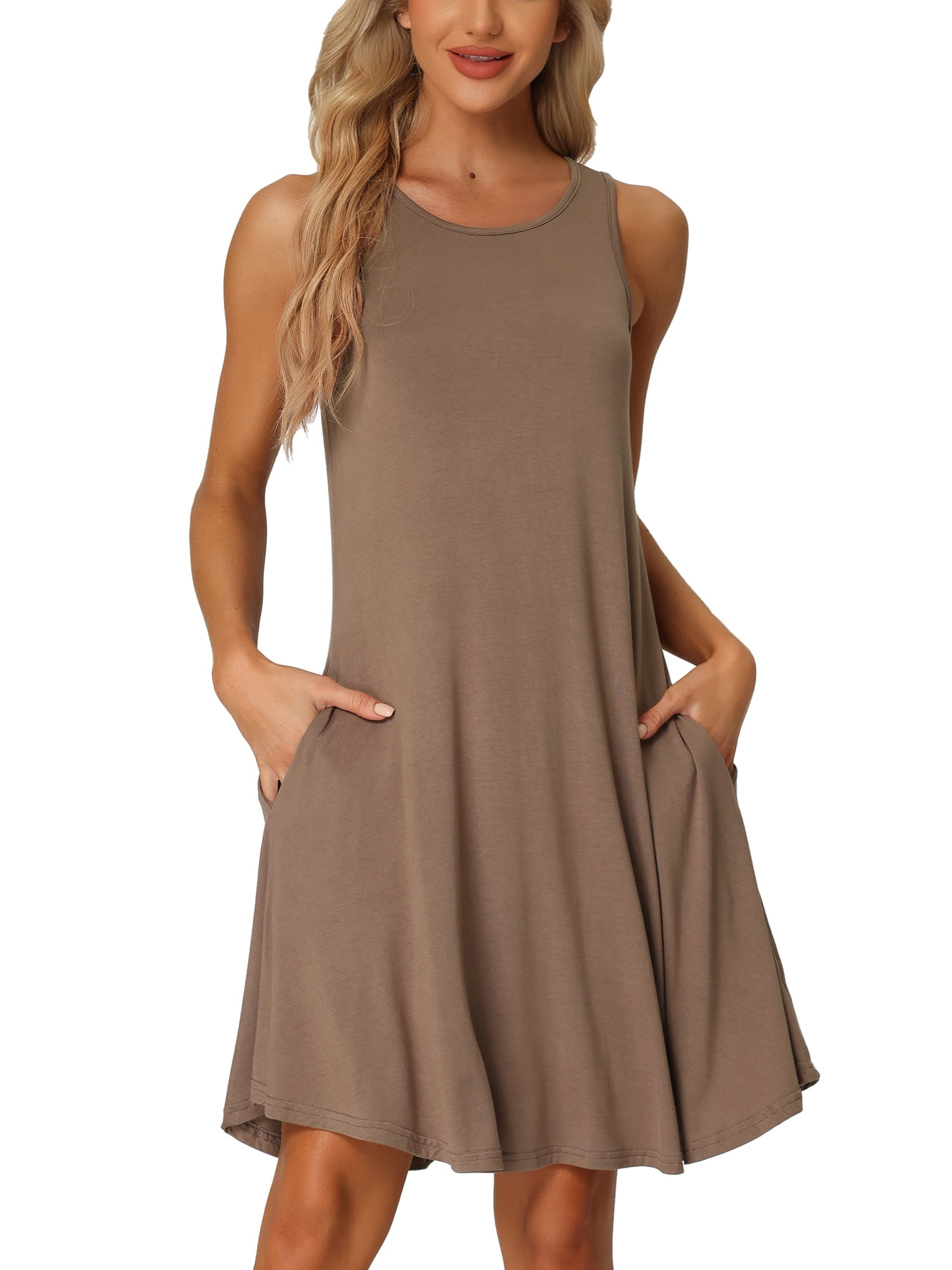 DARING DIVA Women's Sleeveless Tank Dress Basic Nightgown with Pockets S Deep Camel