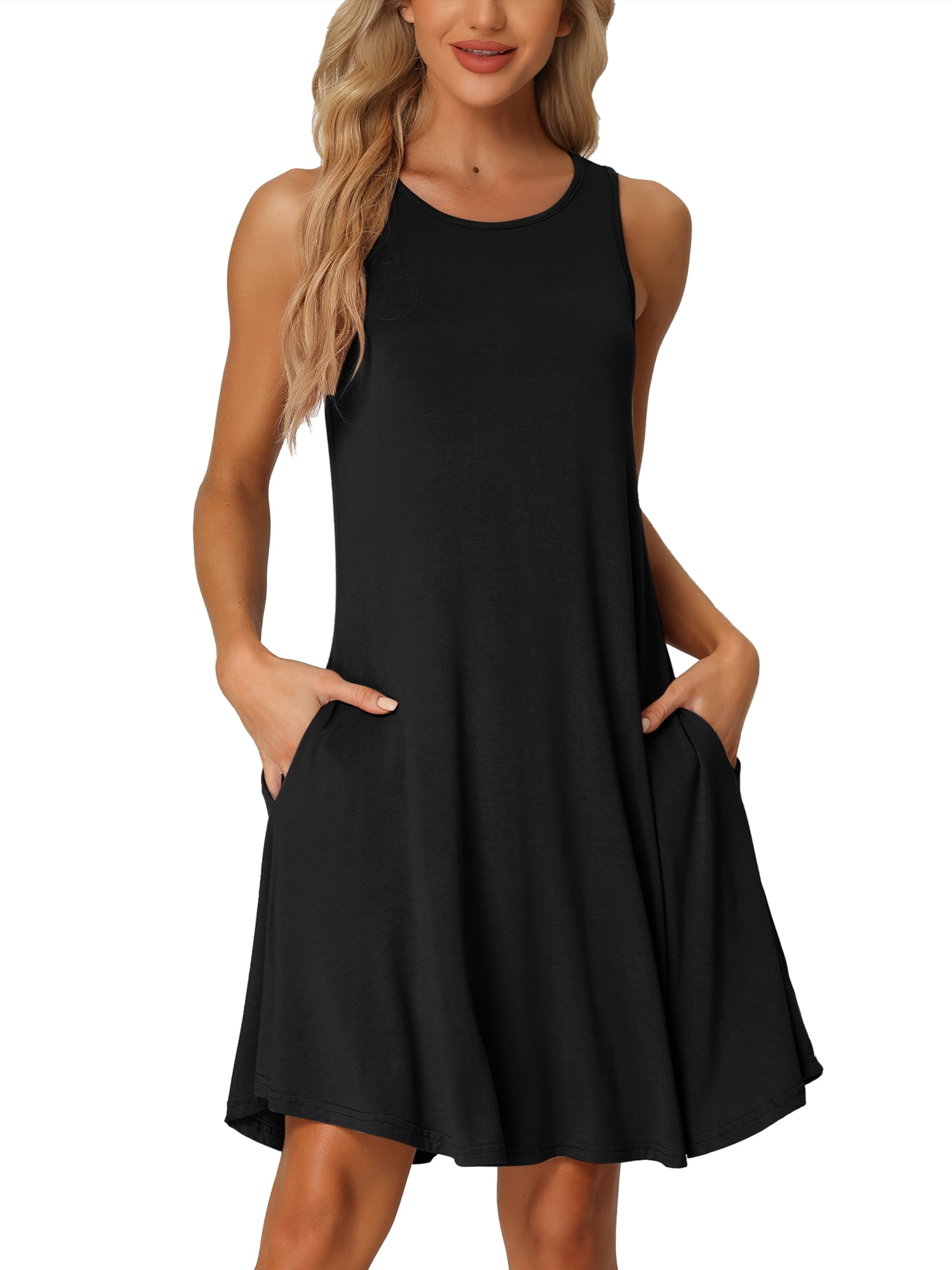 DARING DIVA Women's Sleeveless Tank Dress Basic Nightgown with Pockets XL Black