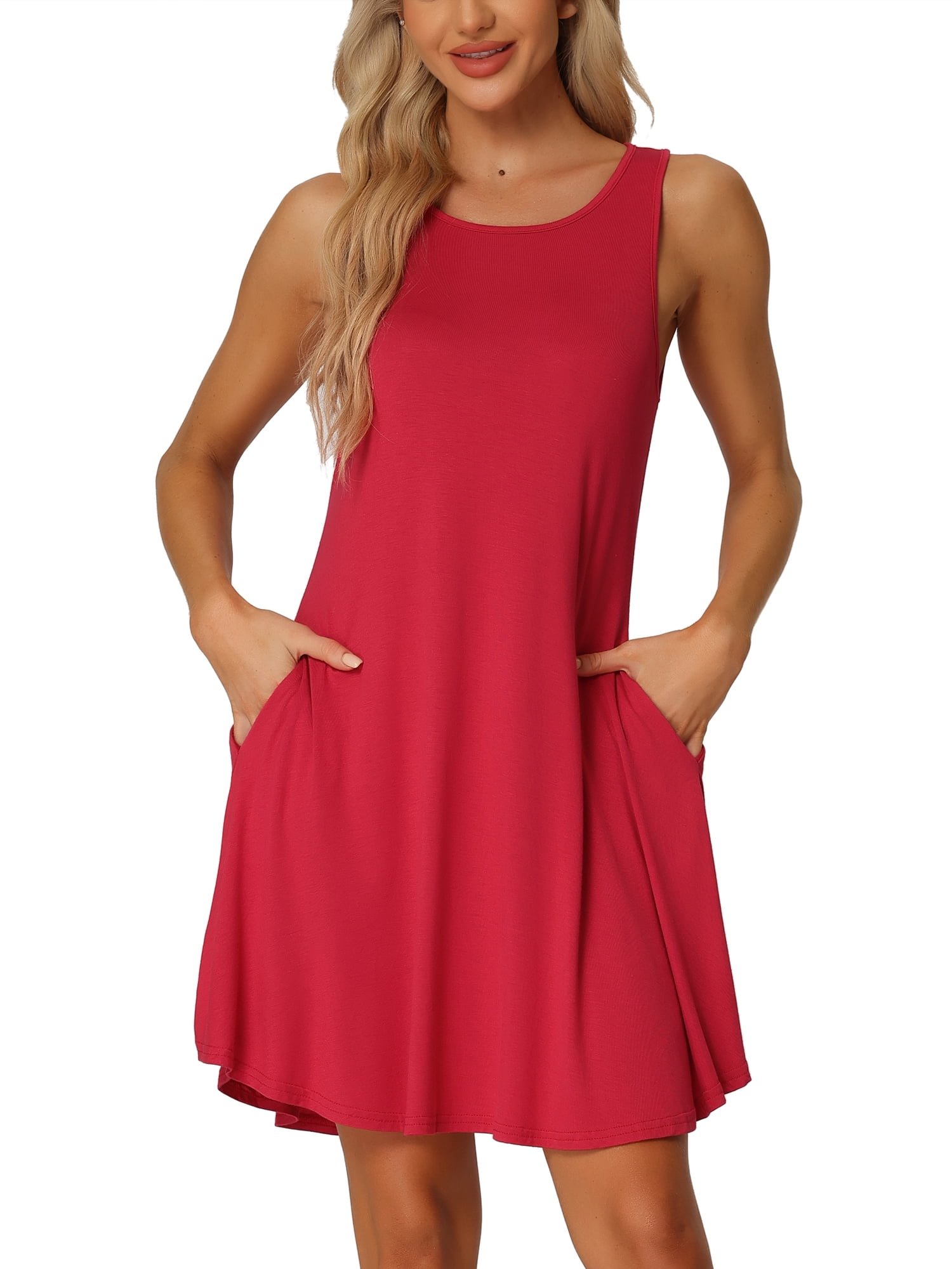 DARING DIVA Women's Sleeveless Tank Dress Basic Nightgown with Pockets XS Red
