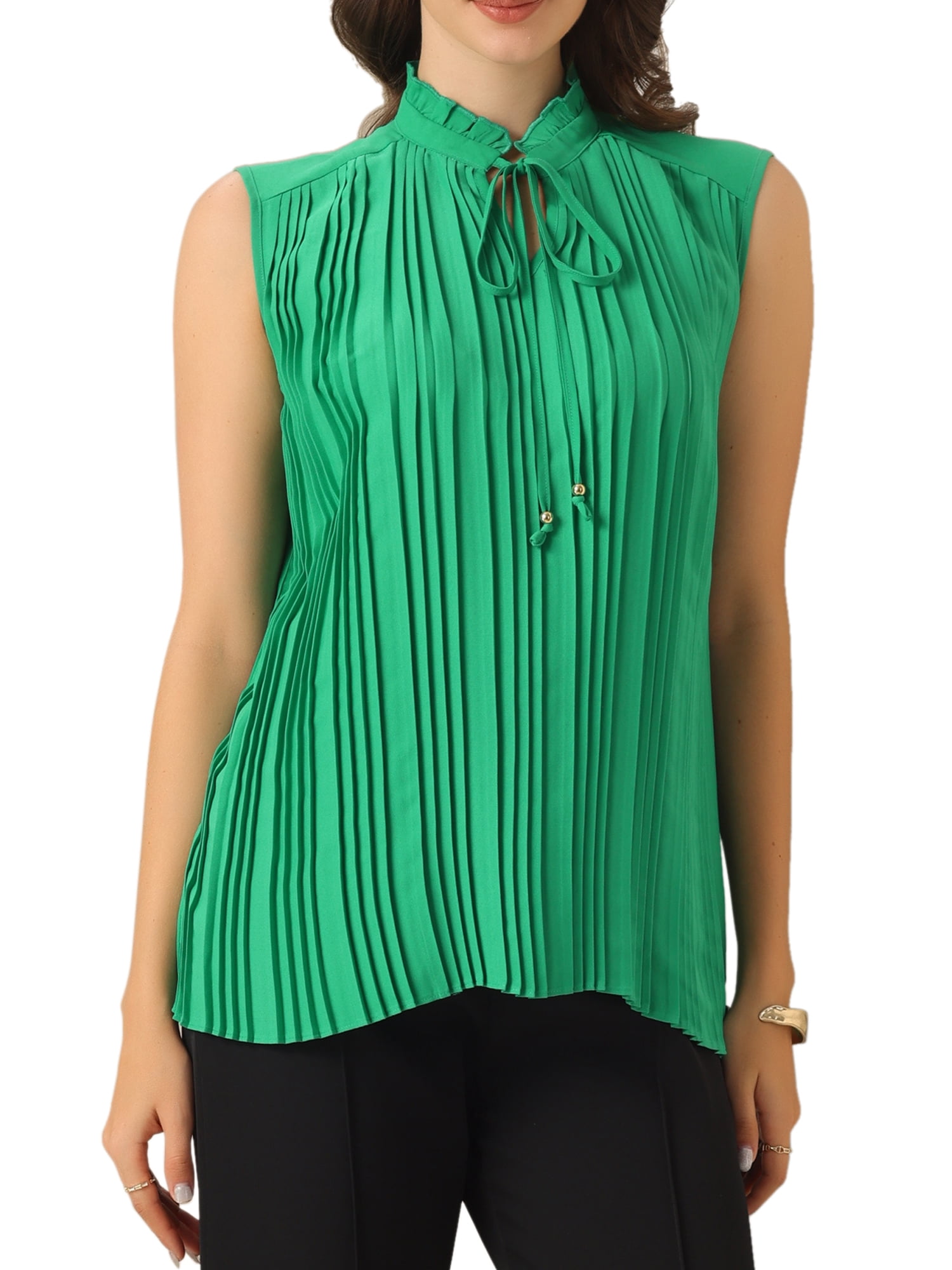 DARING DIVA Women's Sleeveless Tie Neckline Pleated Blouse L Green