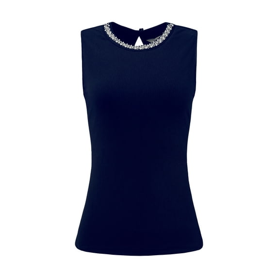 DARING DIVA Women's Sleeveless Top Casual Beaded Tank Blouses Tops L Dark Blue