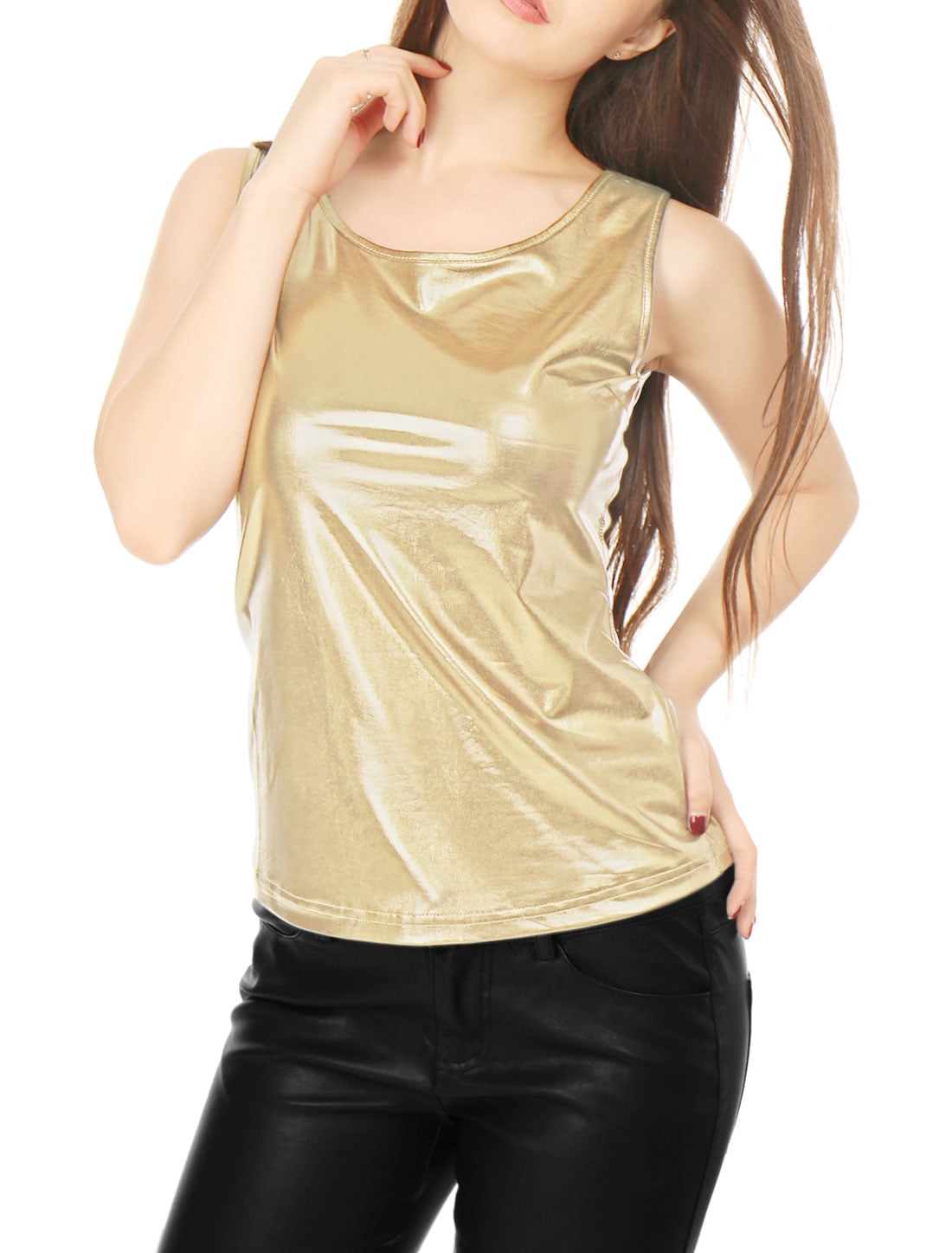 DARING DIVA Women's Sleeveless U Neck Sparkly Metallic Tank Top L Gold
