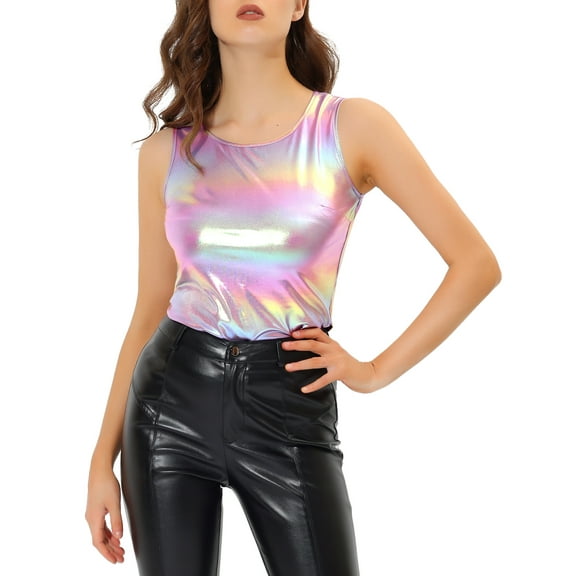 DARING DIVA Women's Sleeveless U Neck Sparkly Metallic Tank Top XS Multicolor Pink