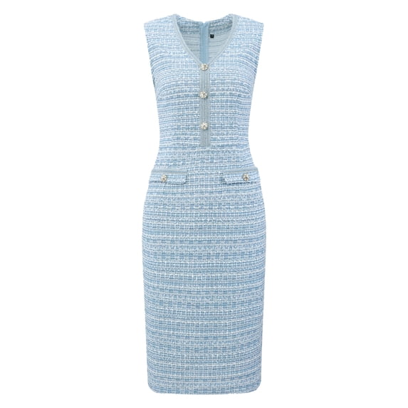 DARING DIVA Women's Sleeveless V Neck Button Decor Pencil Dresses M Blue