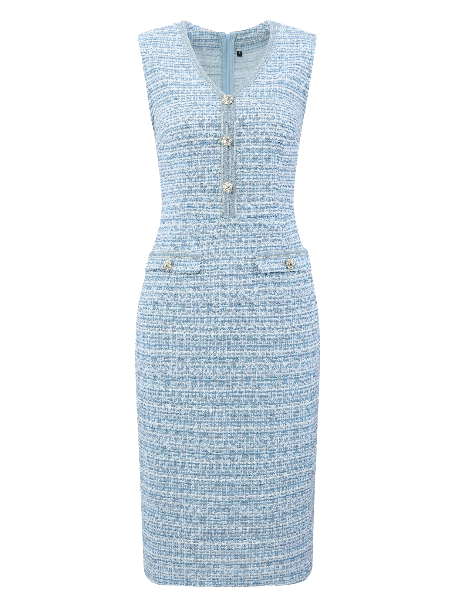 DARING DIVA Women's Sleeveless V Neck Button Decor Pencil Dresses XL Blue