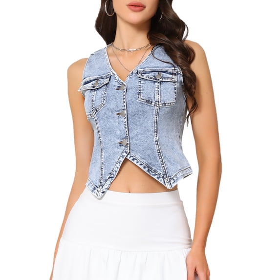 DARING DIVA Women's Sleeveless V Neck Button Down Cropped Denim Vest XS Light Blue