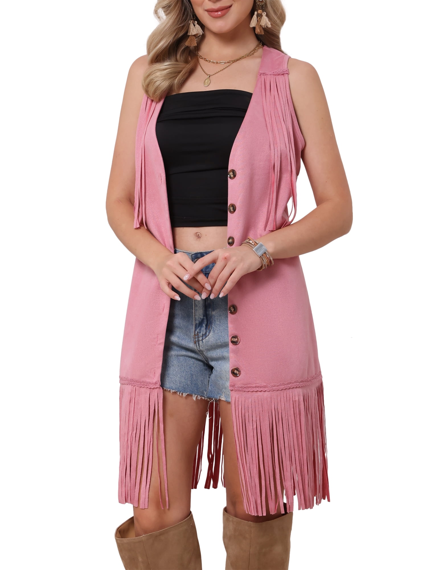 DARING DIVA Women's Sleeveless V Neck Button Down Faux Suede Fringe Vest M Pink