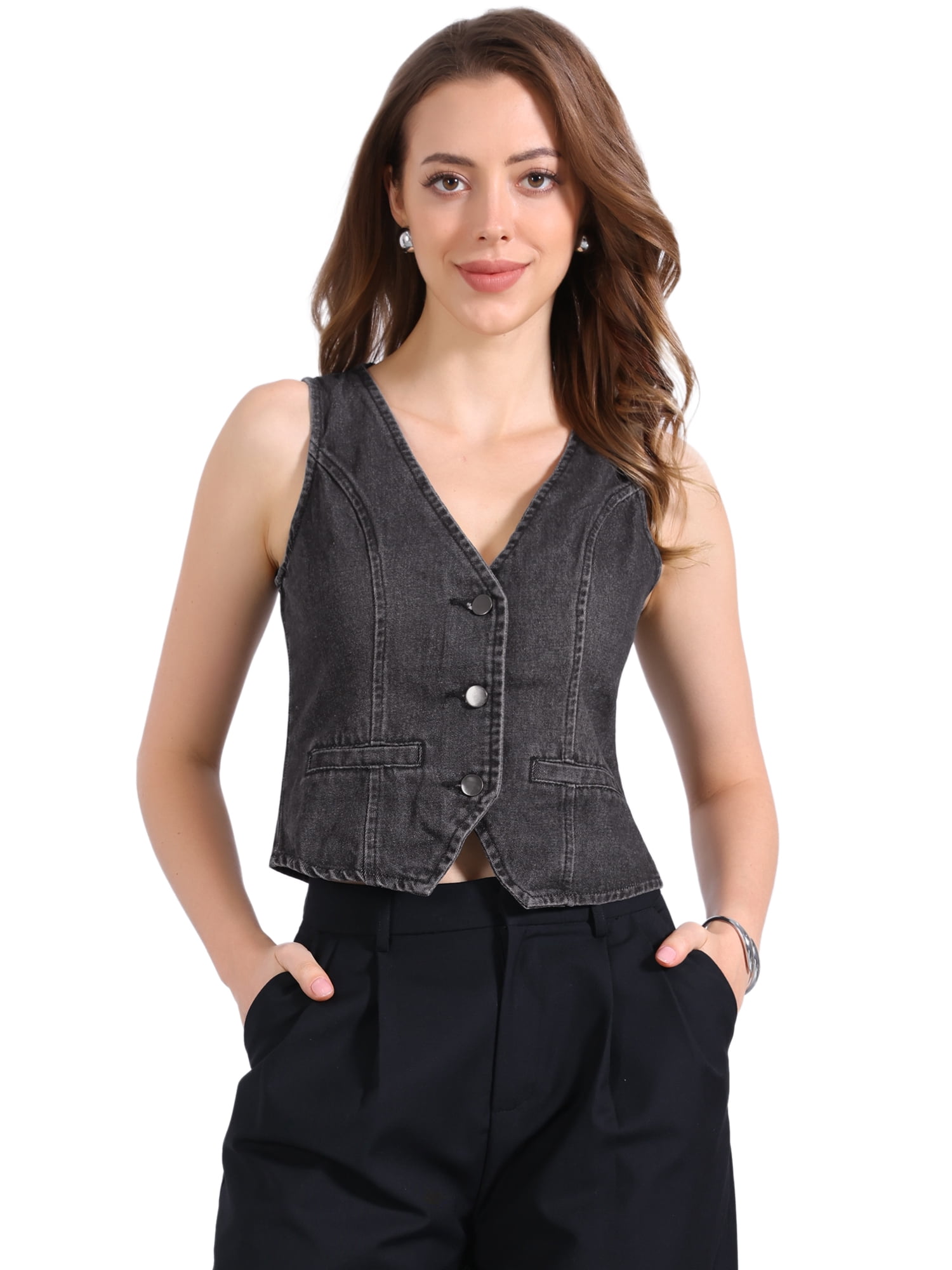 DARING DIVA Women's Sleeveless V Neck Casual Waistcoat Vest Jacket L Black