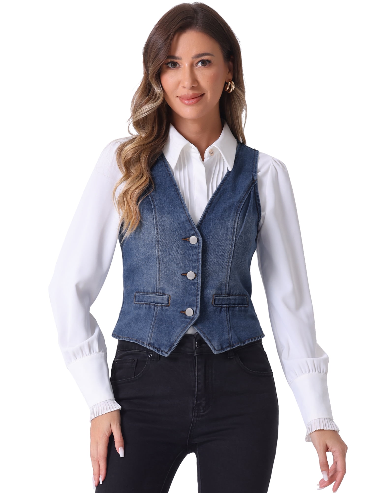 DARING DIVA Women's Sleeveless V Neck Casual Waistcoat Vest Jacket L Blue