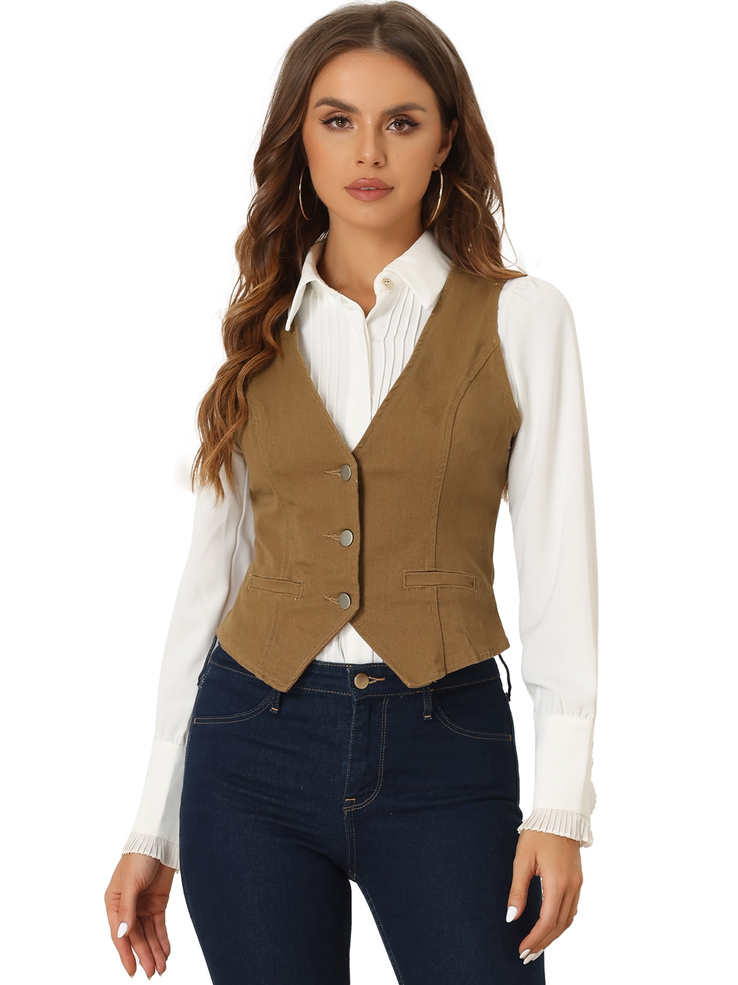 DARING DIVA Women's Sleeveless V Neck Casual Waistcoat Vest Jacket L Brown
