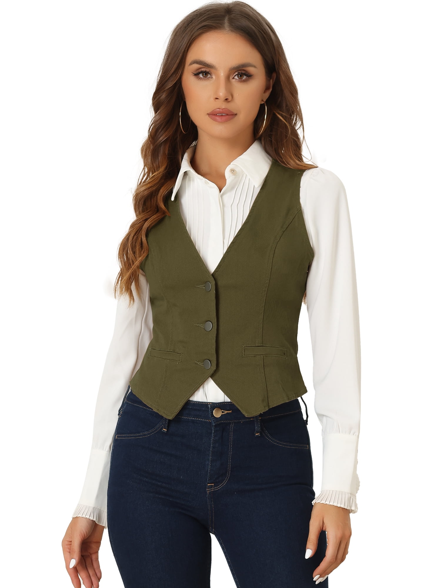 DARING DIVA Women's Sleeveless V Neck Casual Waistcoat Vest Jacket S Army Green