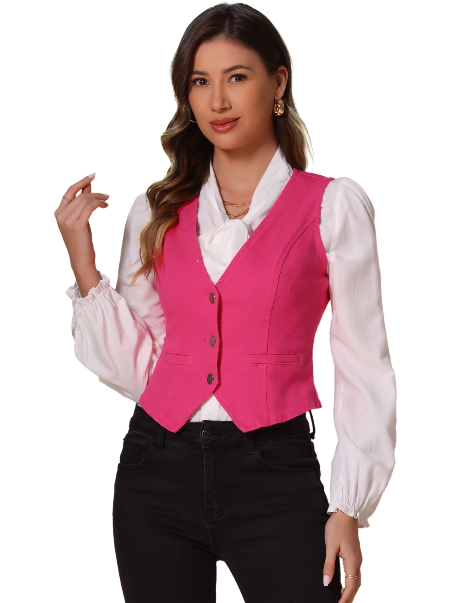 DARING DIVA Women's Sleeveless V Neck Casual Waistcoat Vest Jacket S Hot Pink