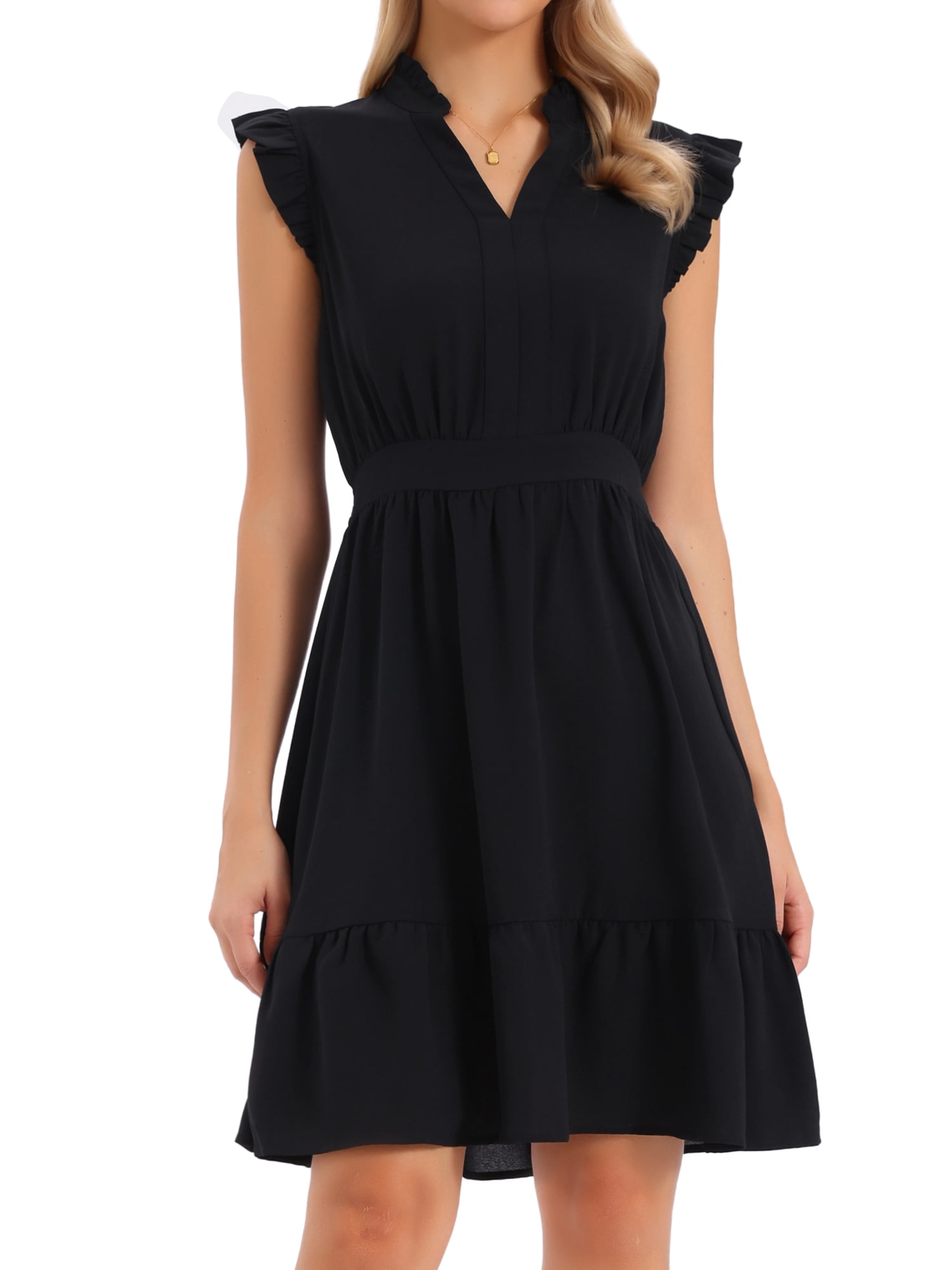 DARING DIVA Women's Sleeveless V Neck Elastic Waist Flowy Ruffle Hem Dresses XL Black