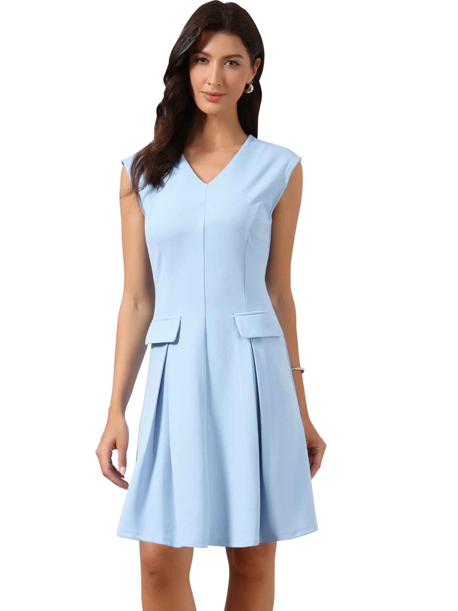 DARING DIVA Women's Sleeveless V Neck Elegant Work Office A-Line Mini Dress L Light Blue