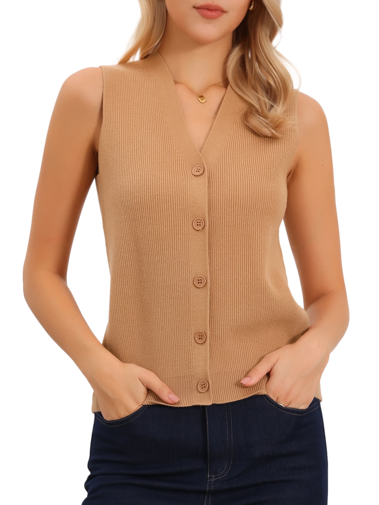 DARING DIVA Women's Sleeveless V Neck Knit Button Down Sweater Vest M Light Brown
