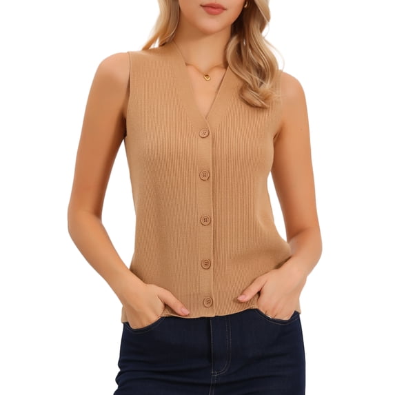 DARING DIVA Women's Sleeveless V Neck Knit Button Down Sweater Vest S Light Brown