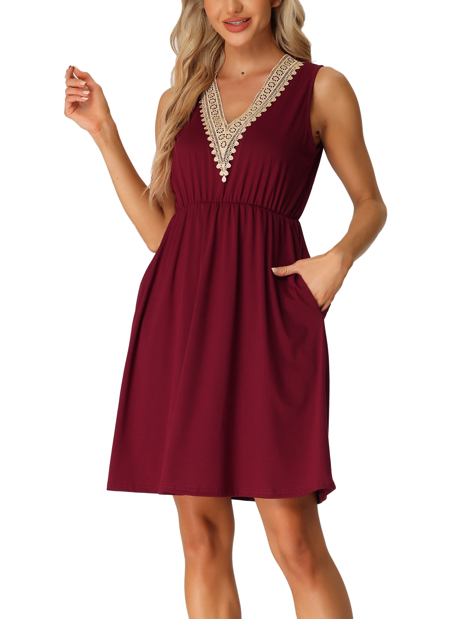 DARING DIVA Women's Sleeveless V Neck Lace Trim Lounge Nightgowns XL Red