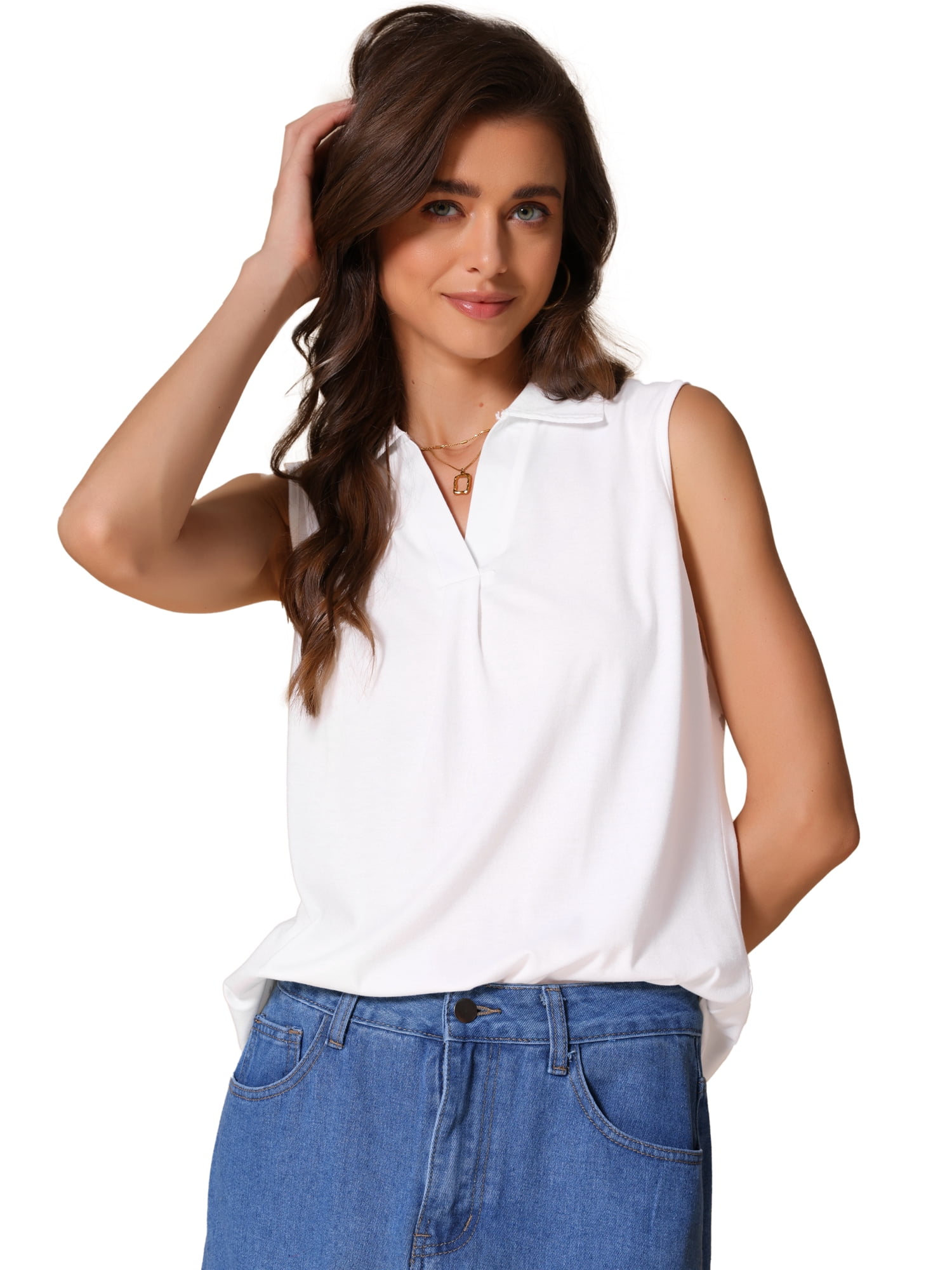 DARING DIVA Women's Sleeveless V Neck Solid Loose Casual Top S White
