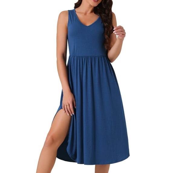 DARING DIVA Women's Sleeveless V Neck Split Hem Midi Dress with Pockets XL Blue
