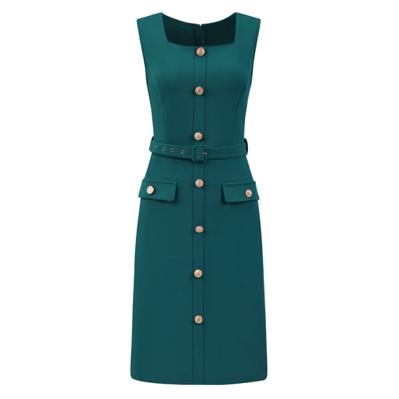 DARING DIVA Women's Sleeveless Work Dress Square Neck Bodycon Pencil Dresses S Blue