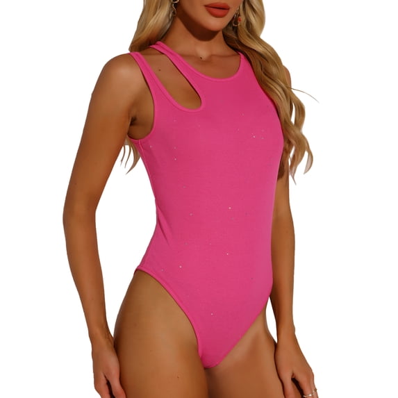 DARING DIVA Women's Slim Fit Gilding Shiny Ribbed Body Suits XS Hot Pink