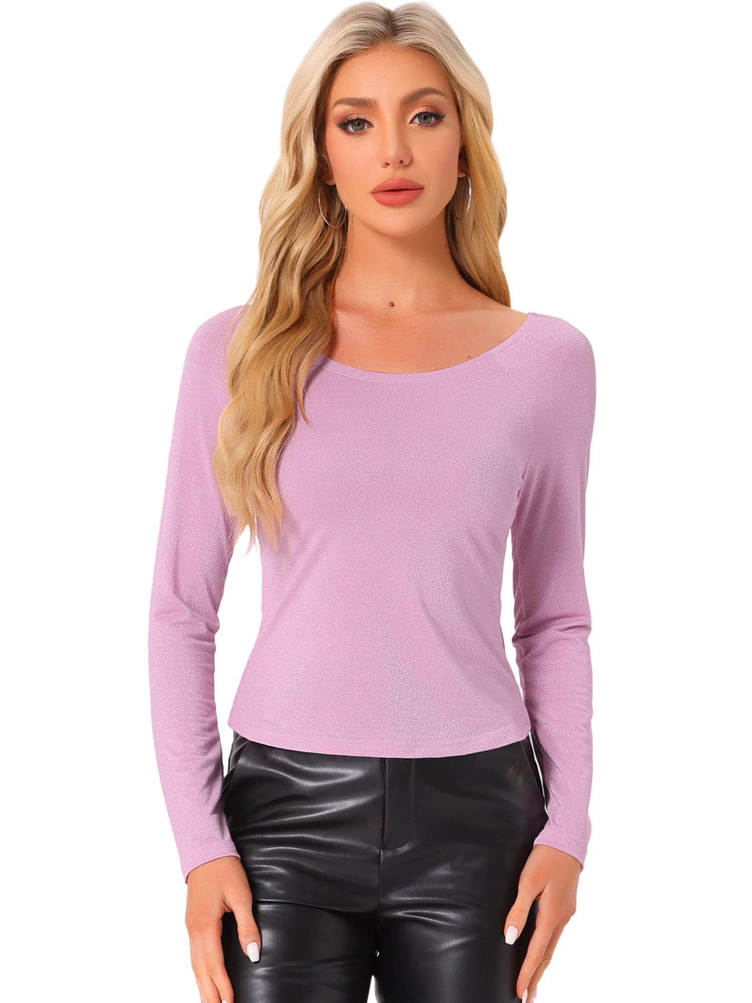 DARING DIVA Women's Slim Fit Glitter Round Neck Crop Top L Pink