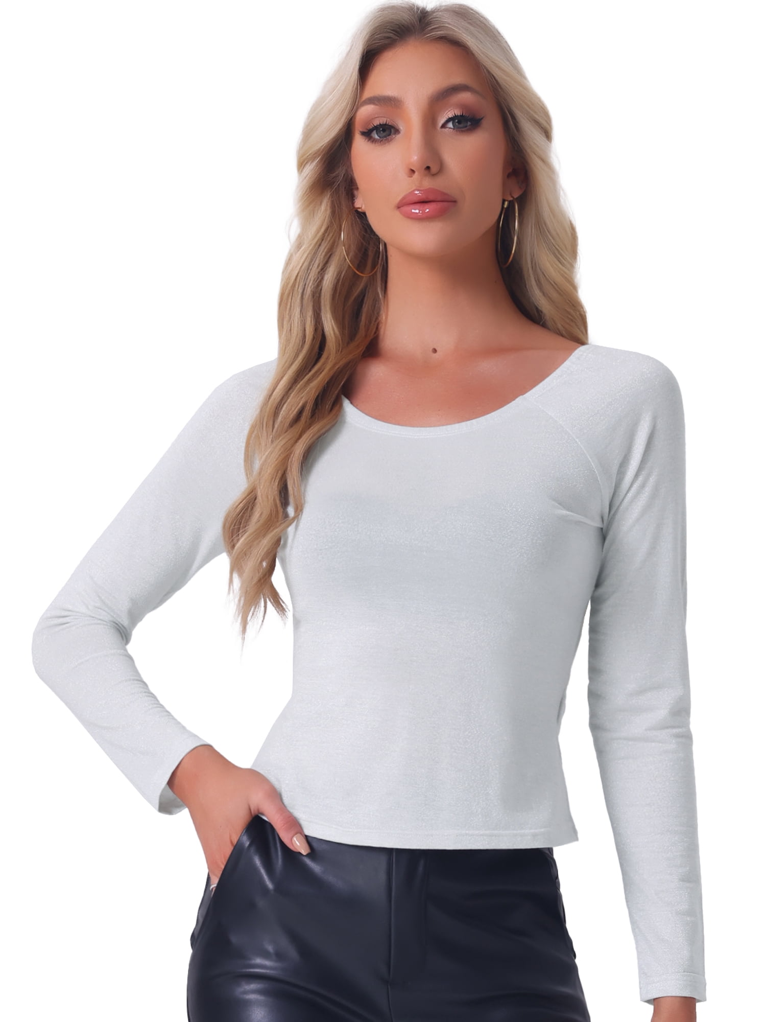 DARING DIVA Women's Slim Fit Glitter Round Neck Crop Top L Silver