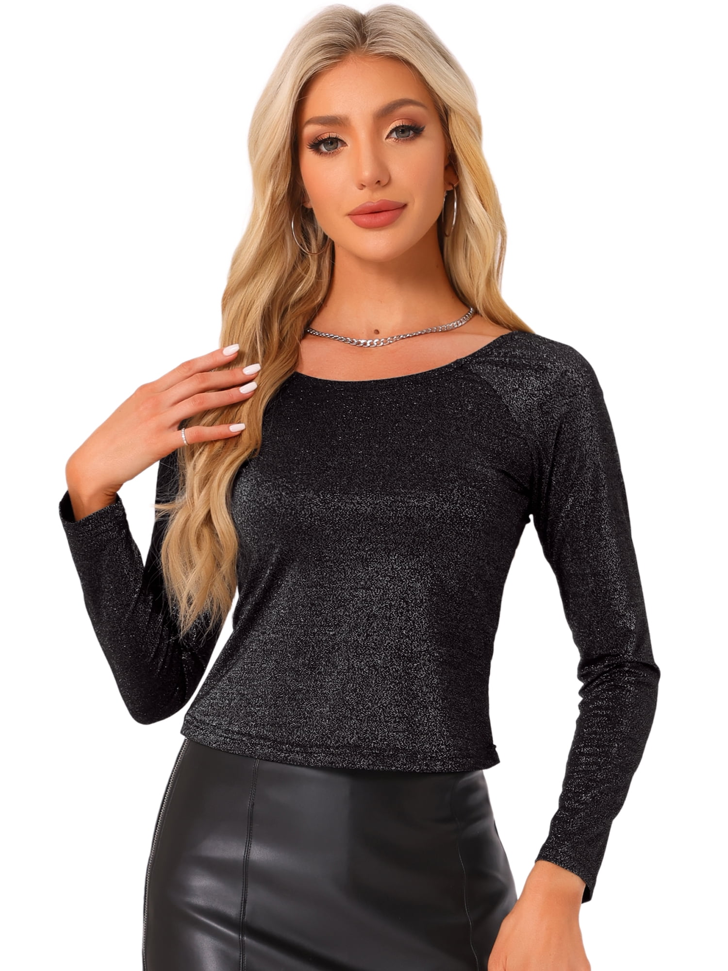 DARING DIVA Women's Slim Fit Glitter Round Neck Crop Top S Black