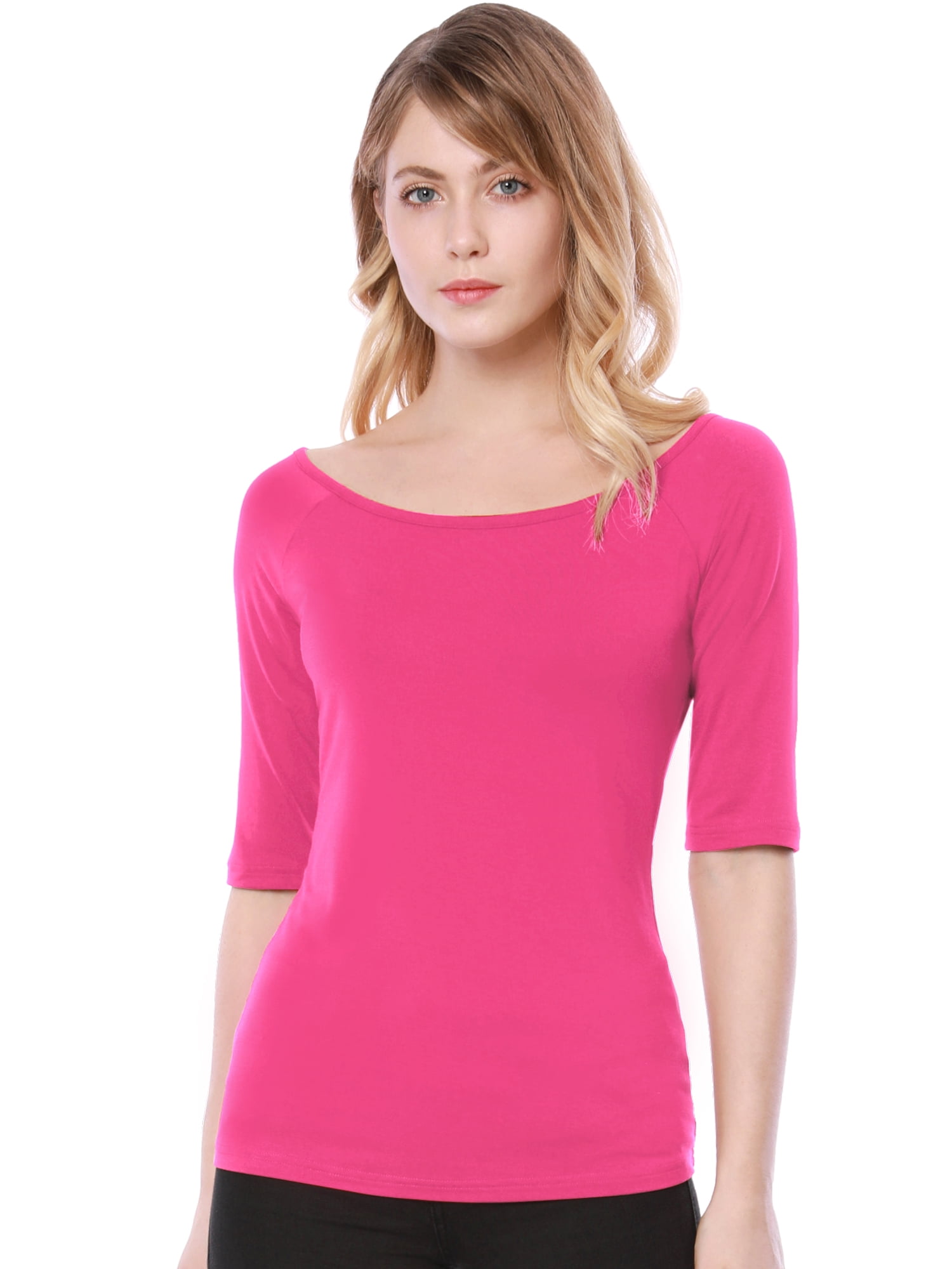 DARING DIVA Women's Slim Fit Pullover Boat Neck Stretchable T-Shirt 2XL Hot Pink