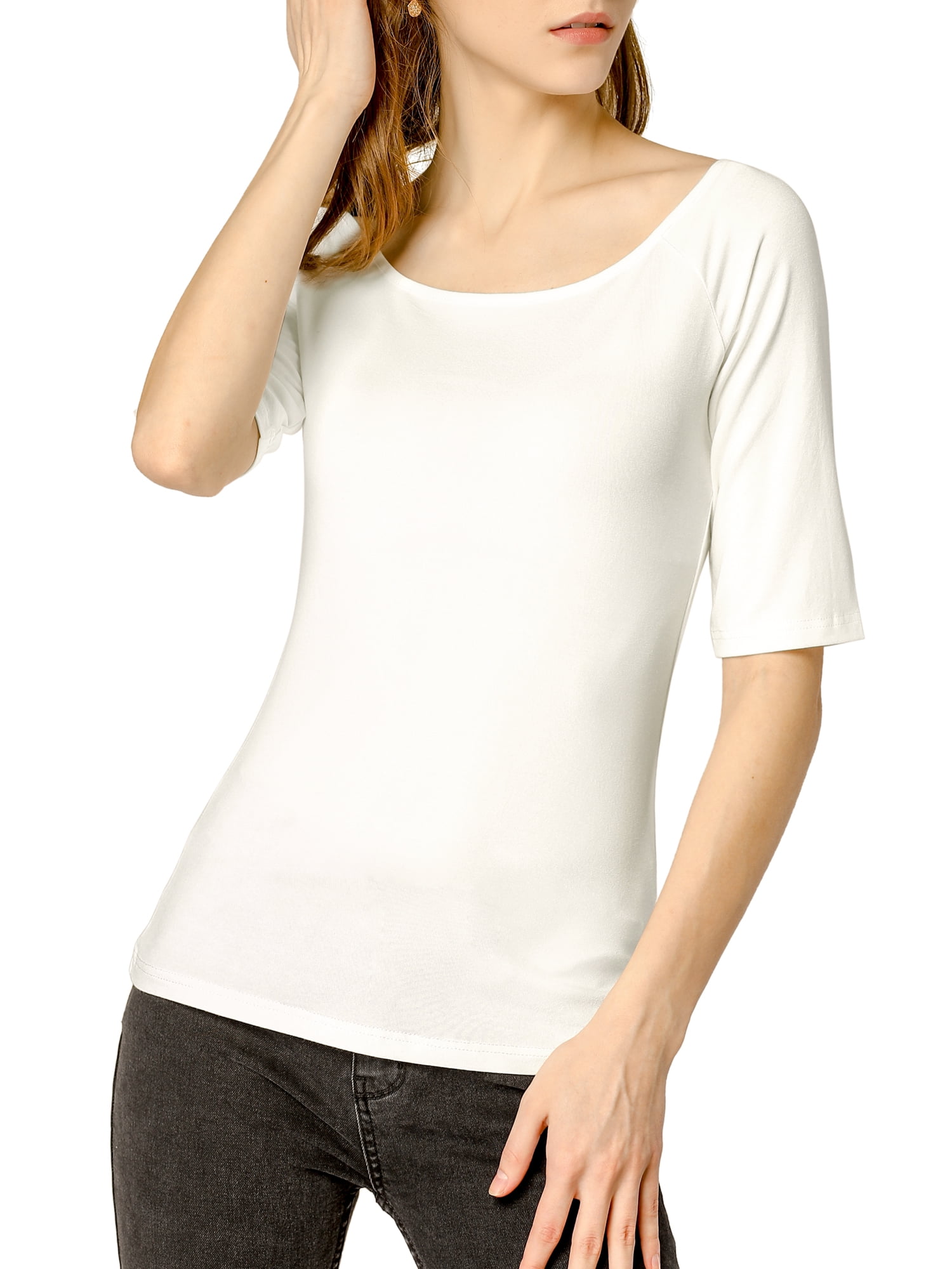 DARING DIVA Women's Slim Fit Pullover Boat Neck Stretchable T-Shirt L Beige