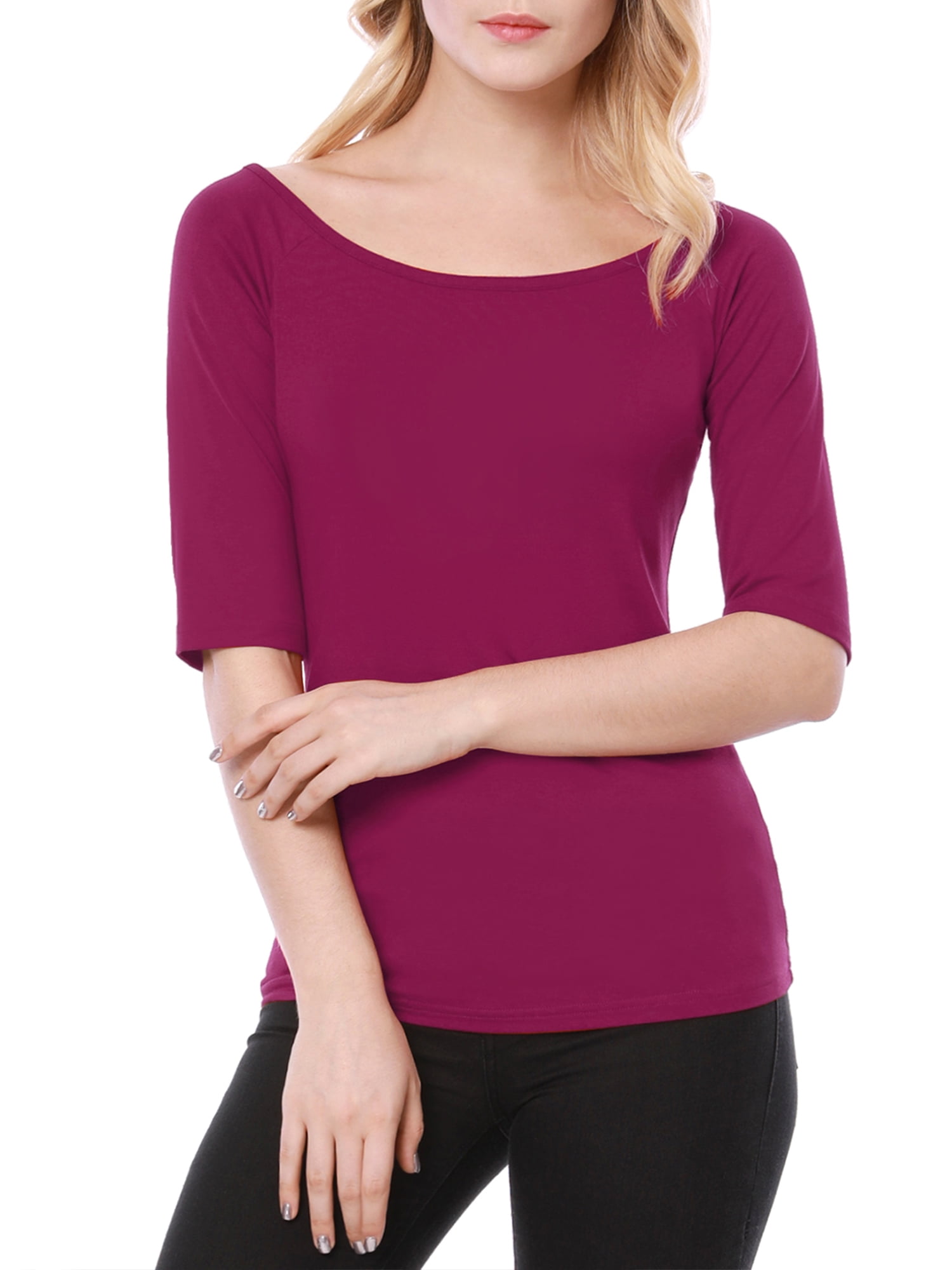 DARING DIVA Women's Slim Fit Pullover Boat Neck Stretchable T-Shirt L Fuchsia