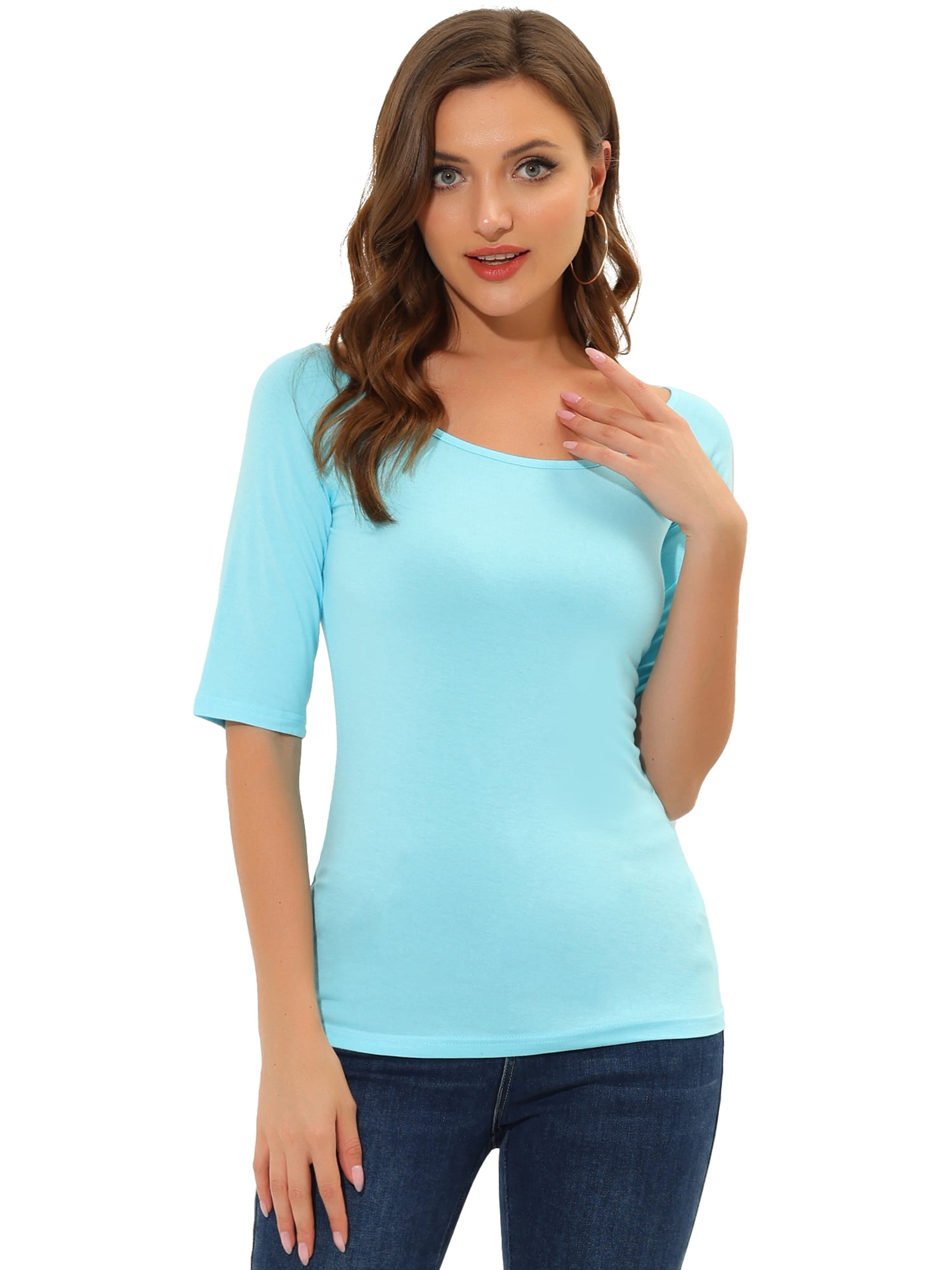 DARING DIVA Women's Slim Fit Pullover Boat Neck Stretchable T-Shirt L Sky Blue