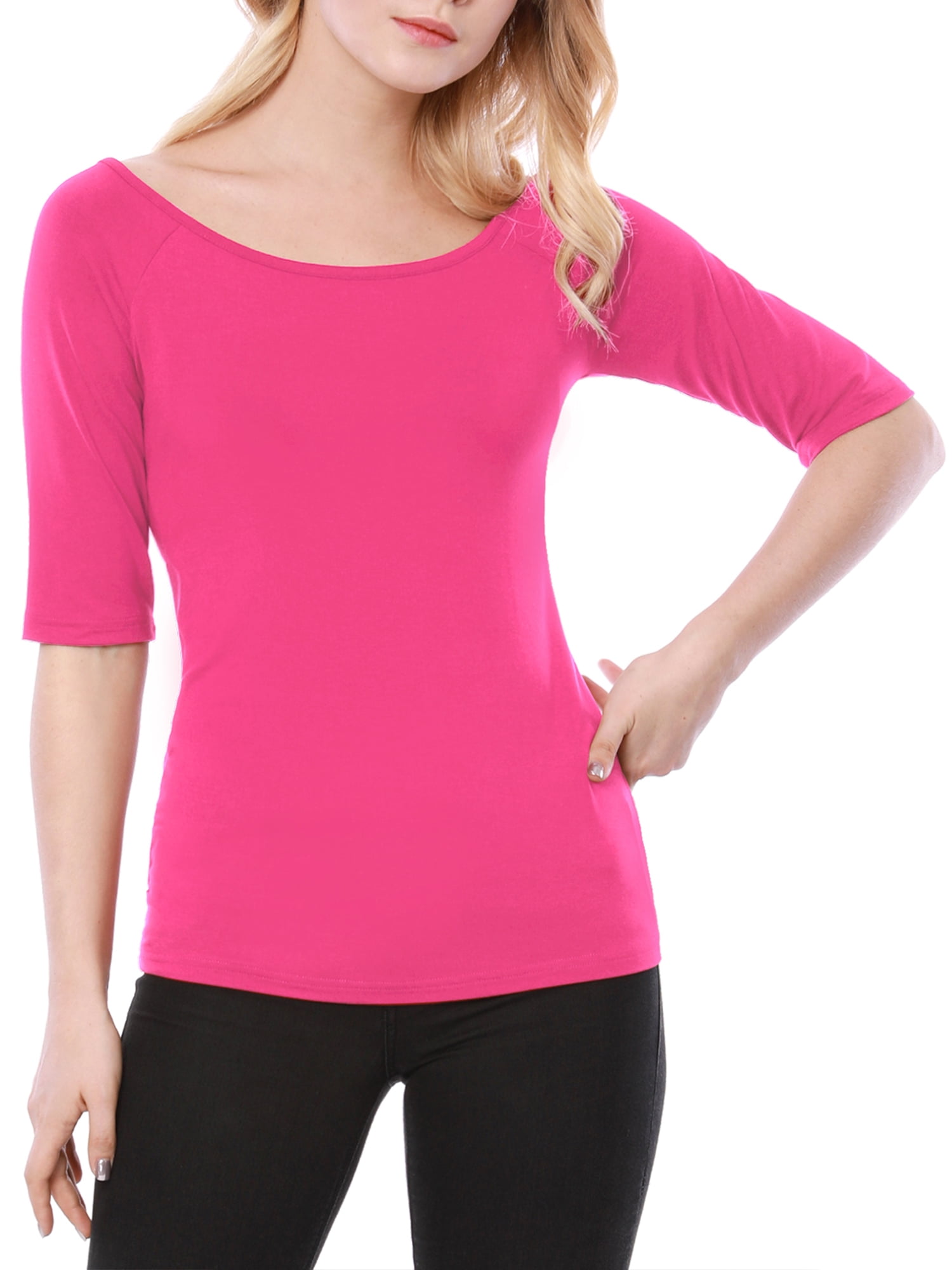 DARING DIVA Women's Slim Fit Pullover Boat Neck Stretchable T-Shirt M Hot Pink