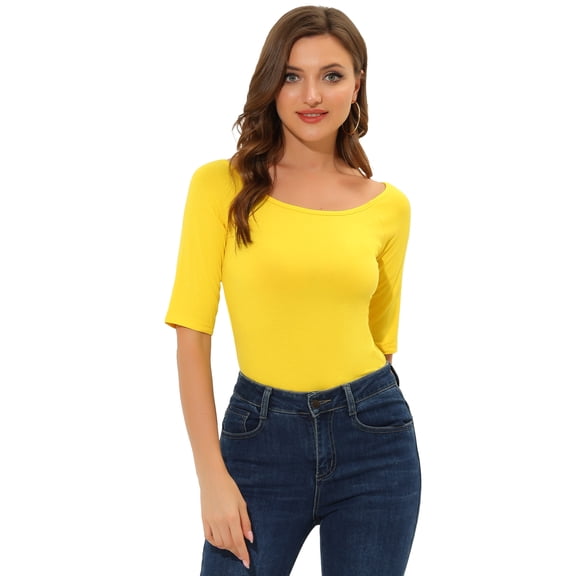 DARING DIVA Women's Slim Fit Pullover Boat Neck Stretchable T-Shirt M Lemon Yellow