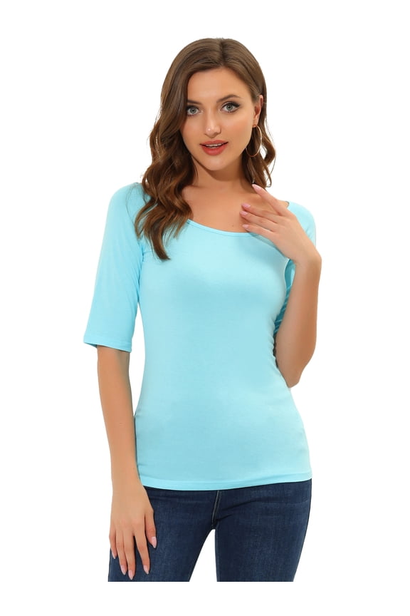 Women's Slim Fit Pullover Boat Neck Stretchable T-Shirt M Sky Blue