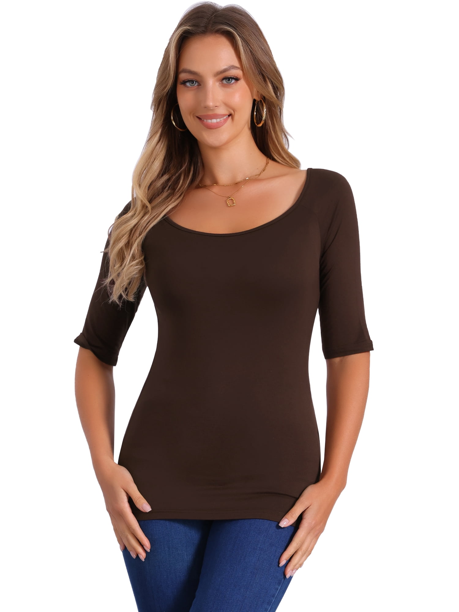 DARING DIVA Women's Slim Fit Pullover Boat Neck Stretchable T-Shirt S Coffee Brown
