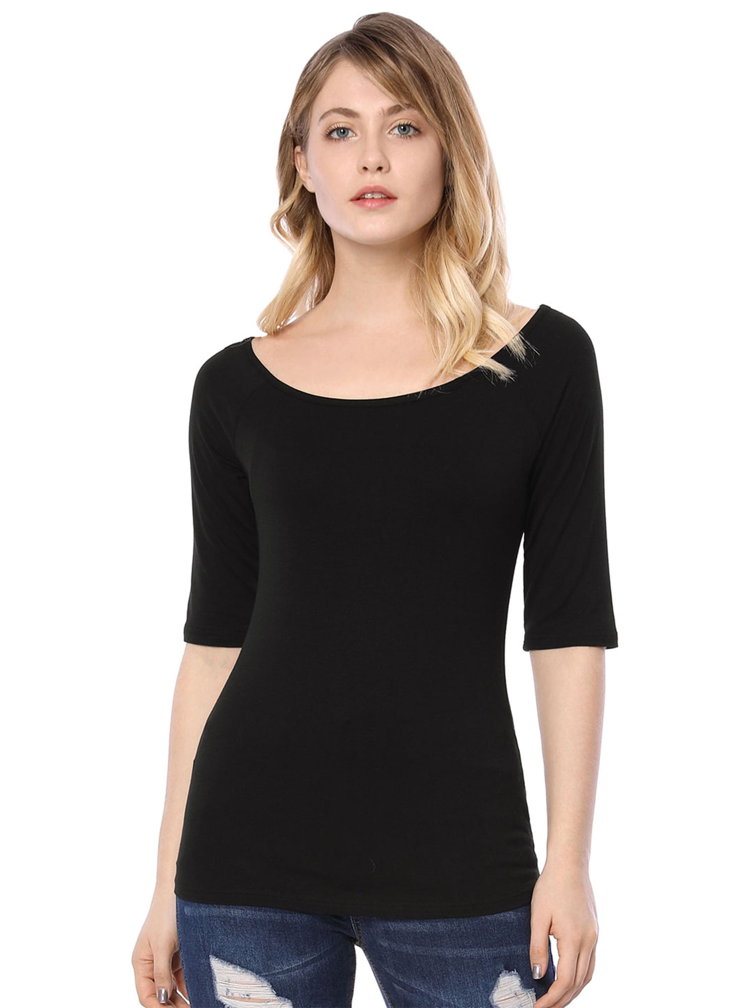 DARING DIVA Women's Slim Fit Pullover Boat Neck Stretchable T-Shirt XL Black