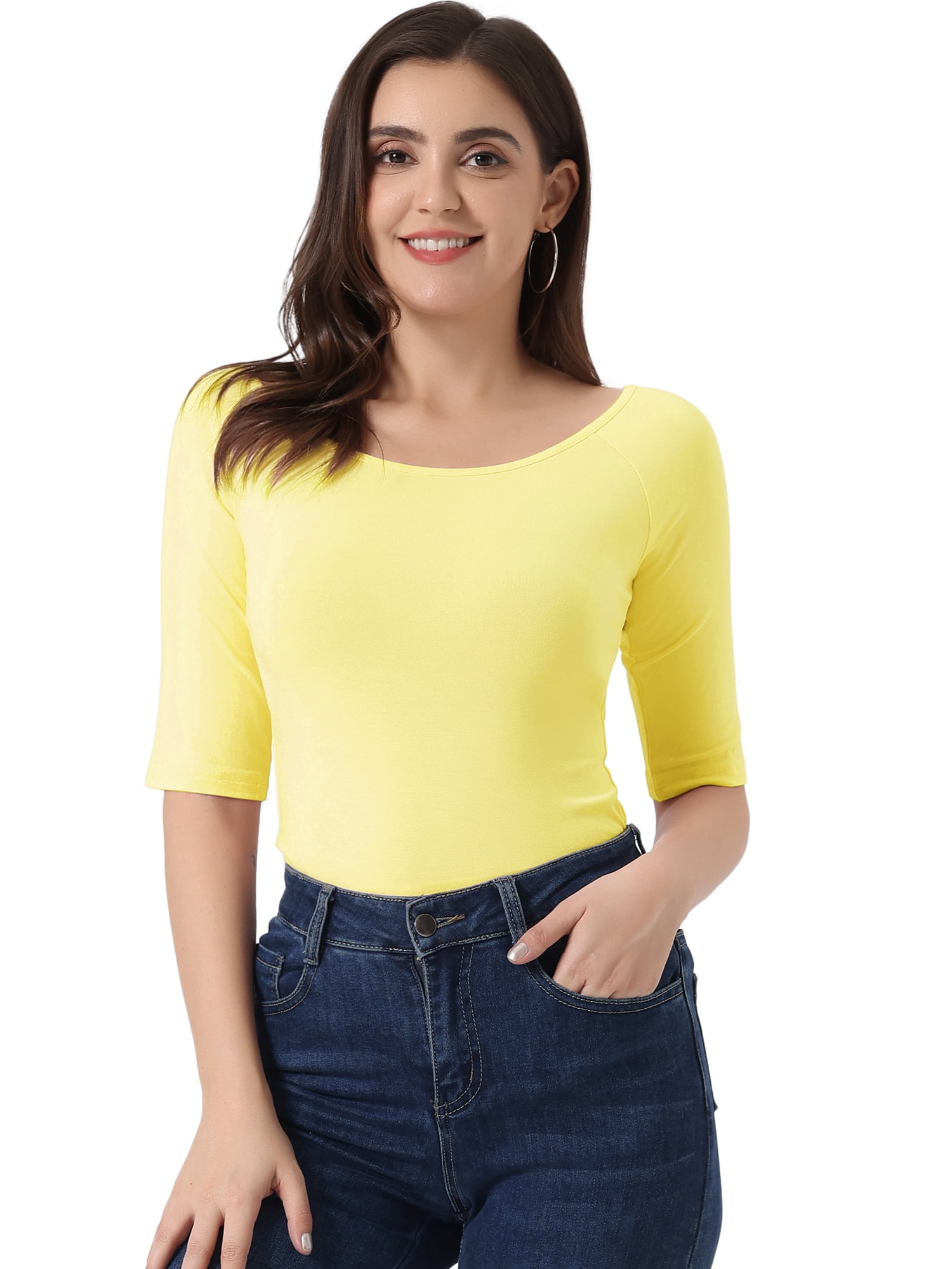 DARING DIVA Women's Slim Fit Pullover Boat Neck Stretchable T-Shirt XL Light Yellow