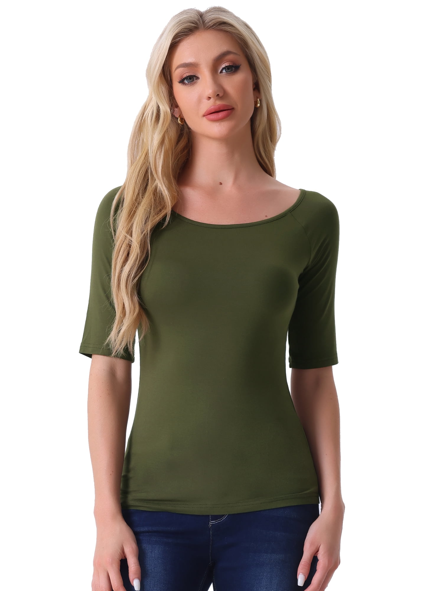 DARING DIVA Women's Slim Fit Pullover Boat Neck Stretchable T-Shirt XS Army Green