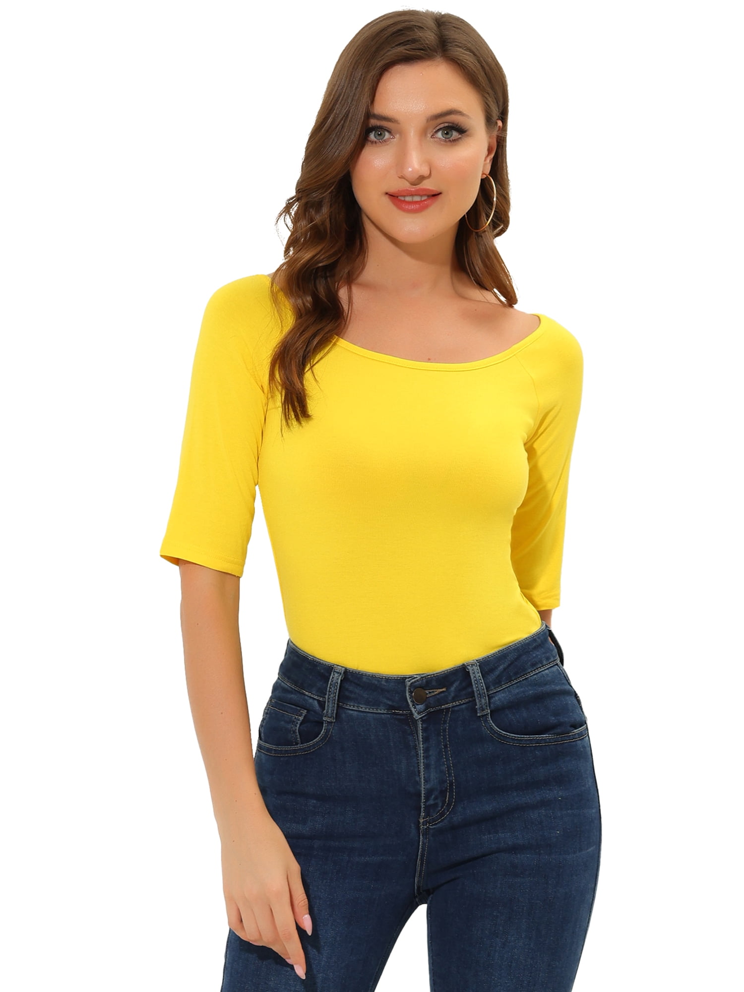 DARING DIVA Women's Slim Fit Pullover Boat Neck Stretchable T-Shirt XS Lemon Yellow