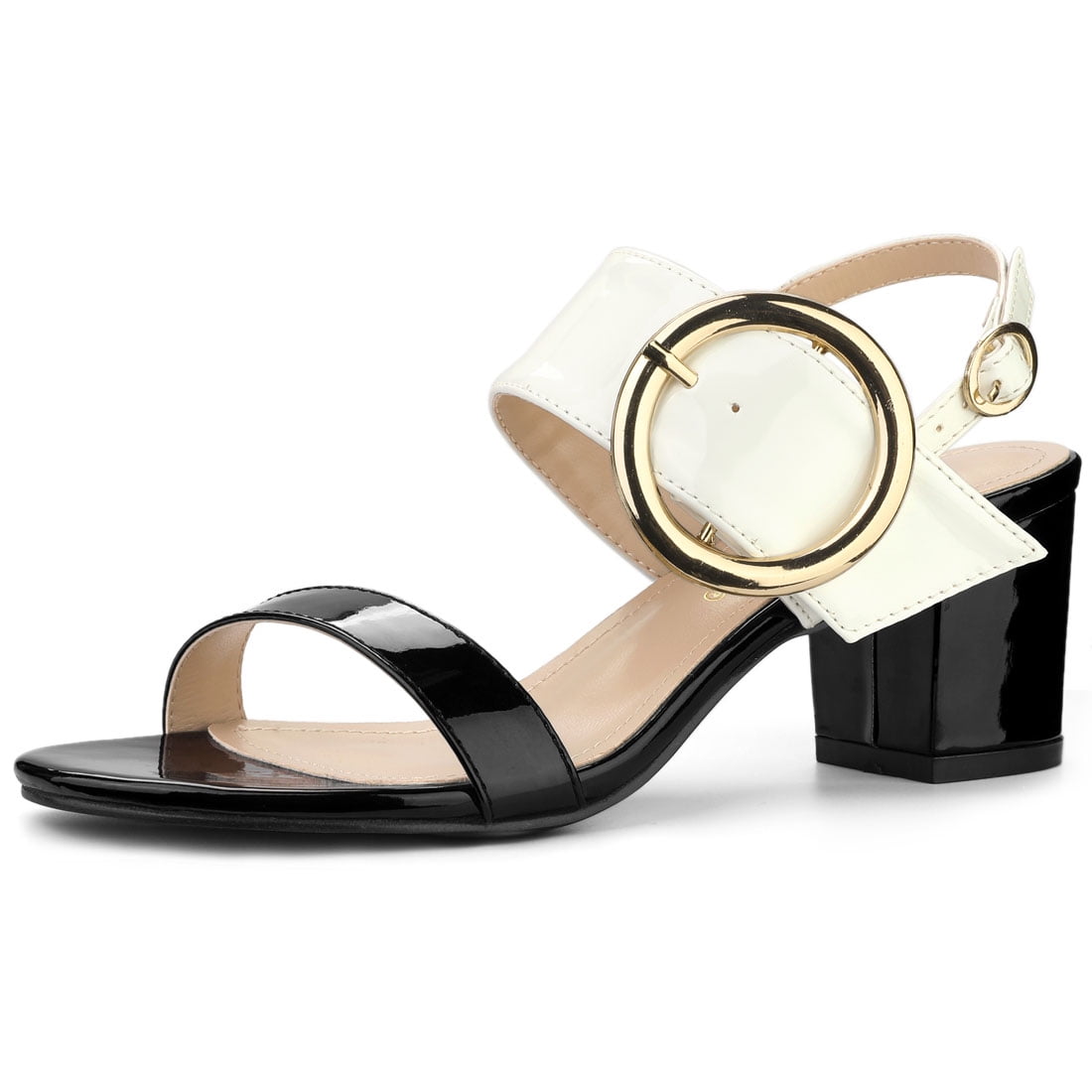 DARING DIVA Women's Slingback Block Heel Sandals with Buckle Decor Black White 8