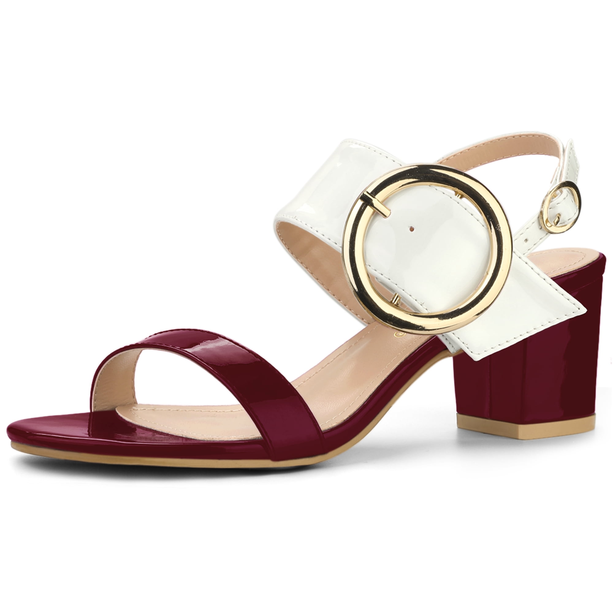 DARING DIVA Women's Slingback Block Heel Sandals with Buckle Decor Burgundy White 6