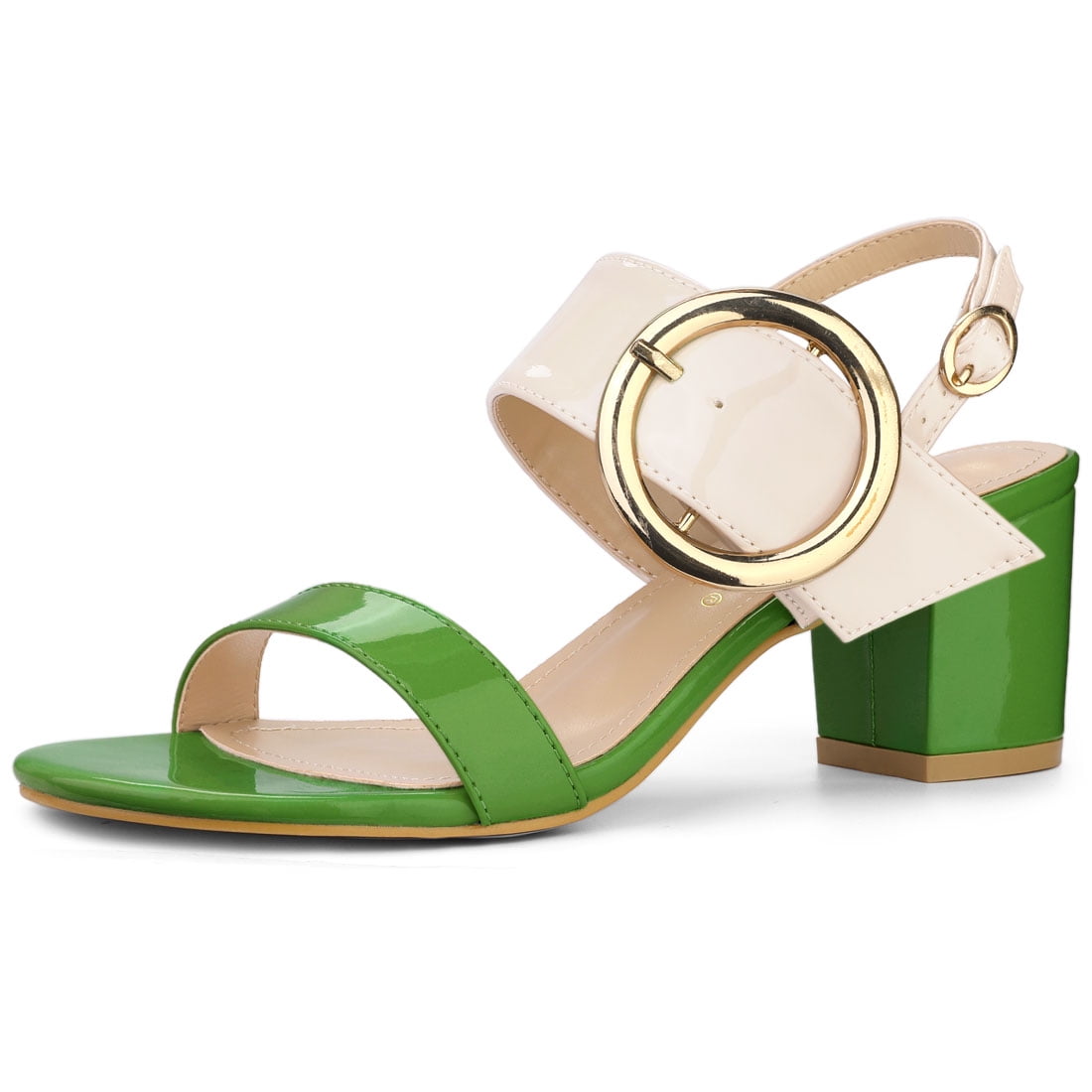 DARING DIVA Women's Slingback Block Heel Sandals with Buckle Decor Green Beige 9