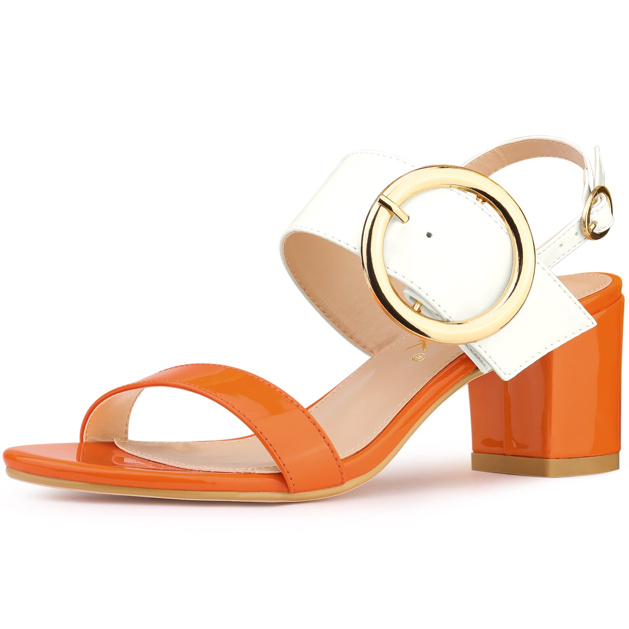 DARING DIVA Women's Slingback Block Heel Sandals with Buckle Decor Orange White 5