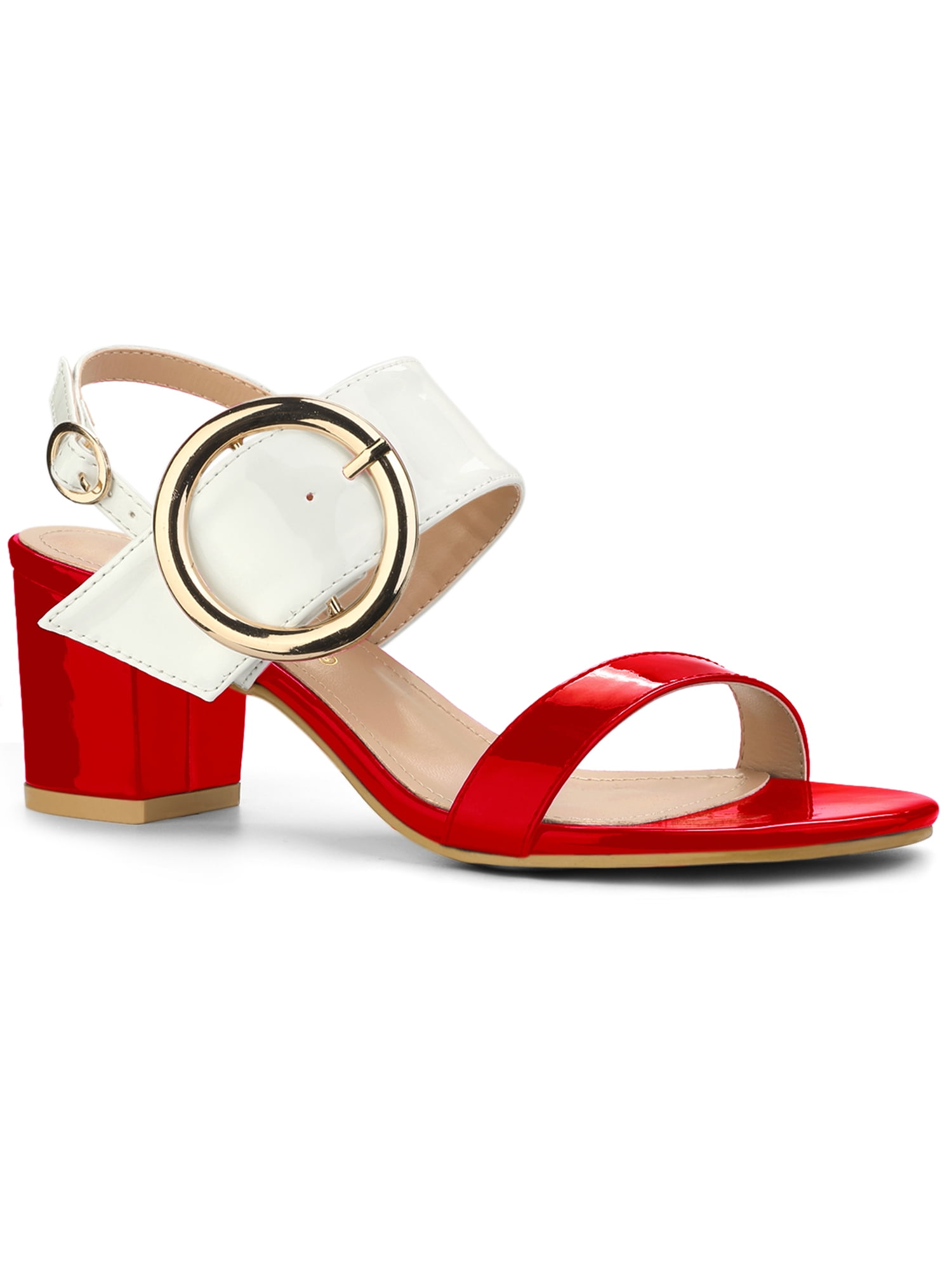 DARING DIVA Women's Slingback Block Heel Sandals with Buckle Decor Red White 8
